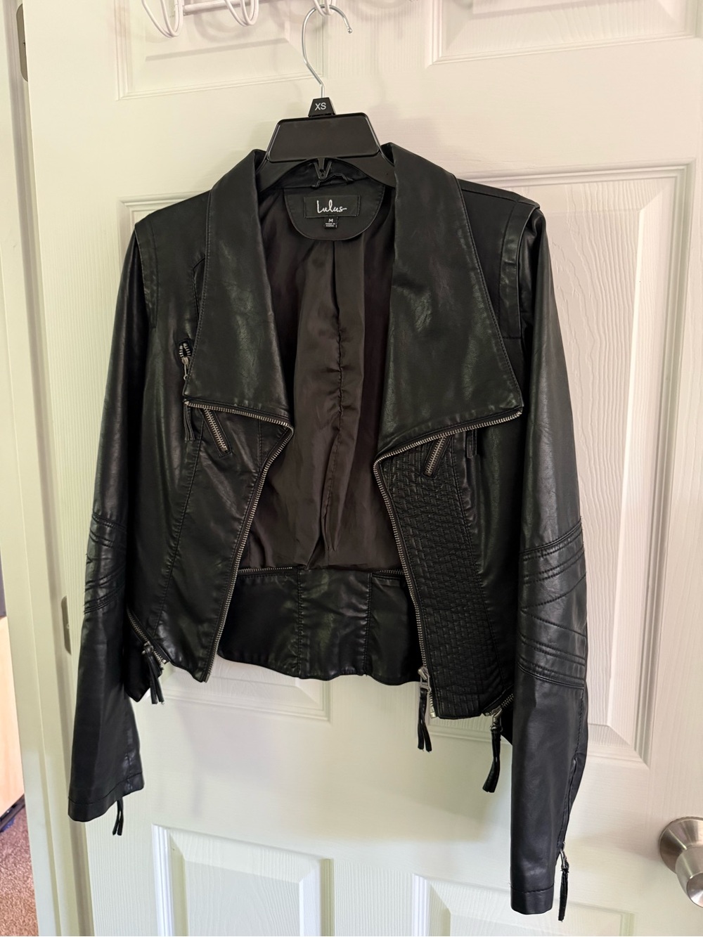 Lulu's Black Faux Leather Biker Jacket with Textured Side Panels Medium